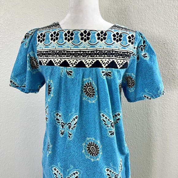 Vintage Loungees Small Blue Butterfly Mumu House Sleep Dress Kaftan Pockets - Picture 9 of 14